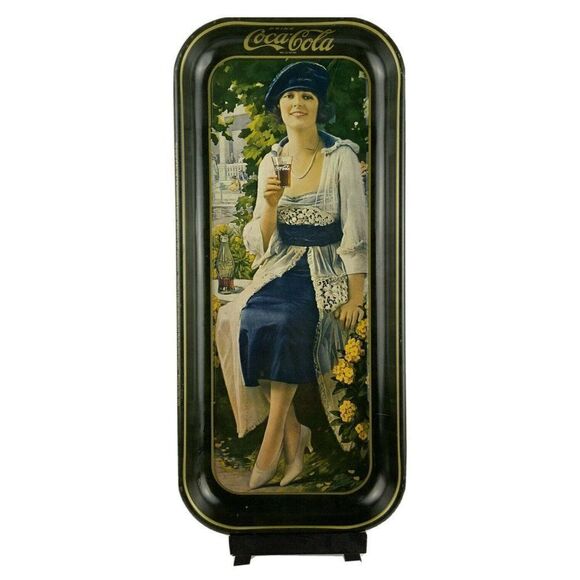 Vintage 1973 Coca-Cola Tin Tray 1921 Ad Reprint Lady In Blue Dress Rectangle - Picture 1 of 7